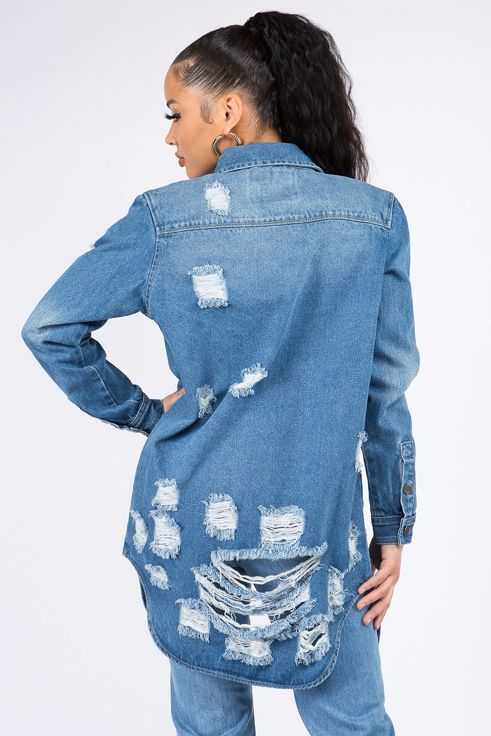 American Bazi Distressed Button Down Denim Shirt Jacket-Zamales