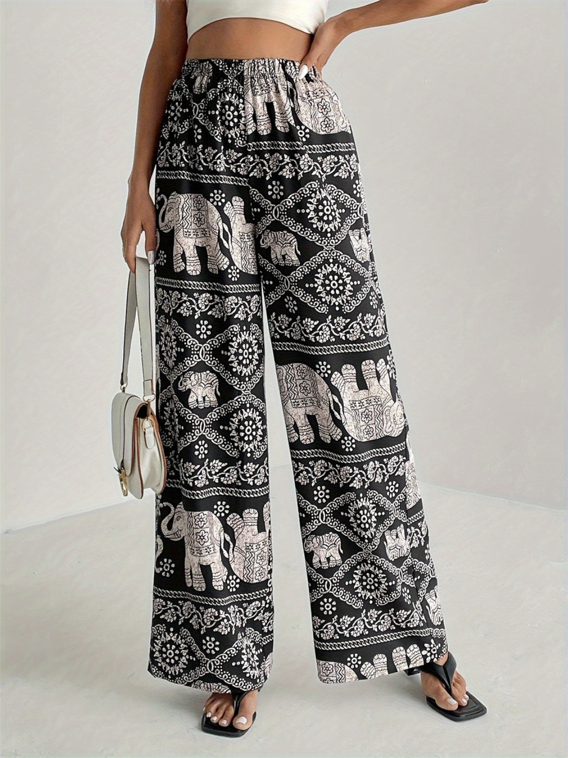 Printed Wide Leg Elastic Waist Pants