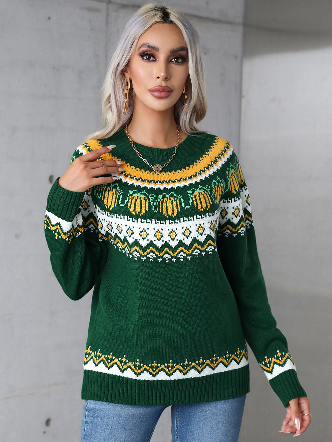 Angel Wings Geometric Round Neck Long Sleeve Sweater-Zamales