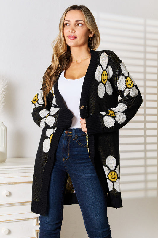 Double Take Floral Button Down Longline Cardigan