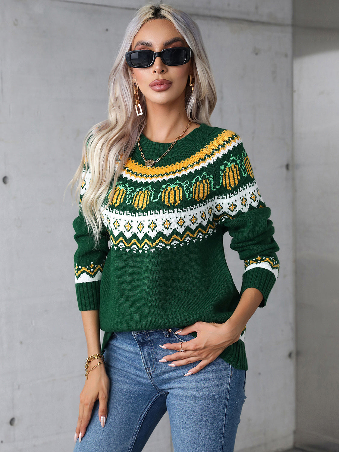 Angel Wings Geometric Round Neck Long Sleeve Sweater-Zamales