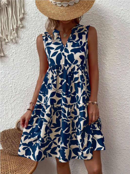 Printed Notched Sleeveless Mini Dress