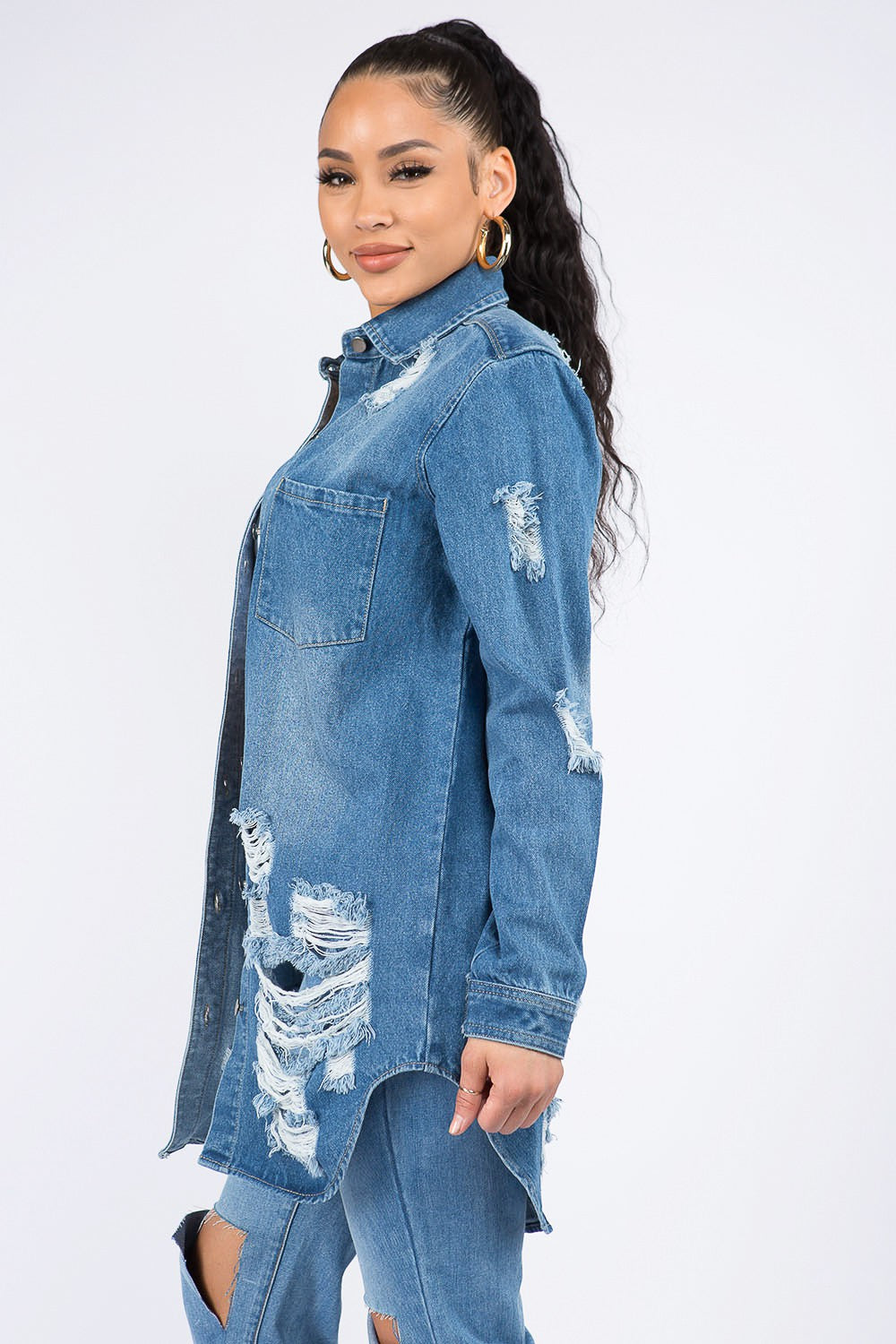 American Bazi Distressed Button Down Denim Shirt Jacket-Zamales