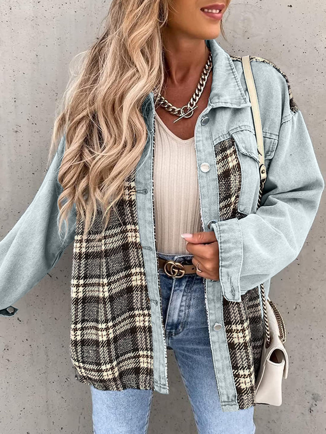 Plaid Button Up Dropped Shoulder Jacket