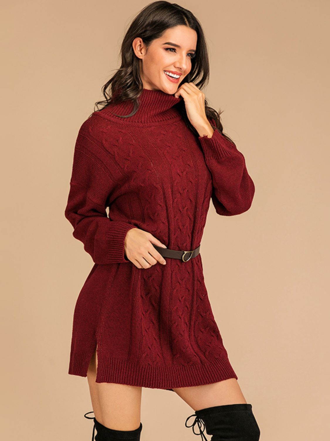 Perfee Slit Turtleneck Long Sleeve Mini Sweater Dress