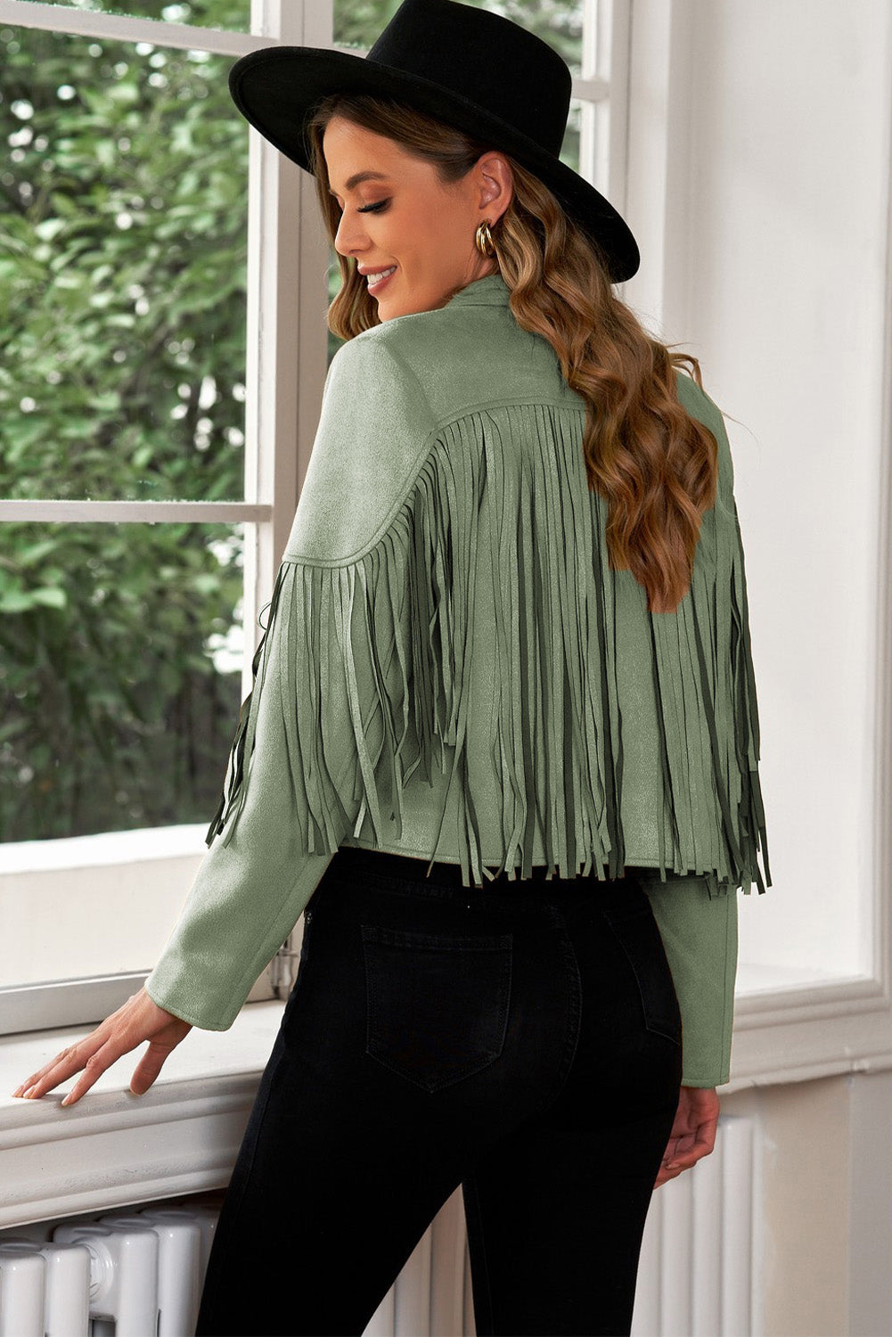 Fringe Trim Lapel Collar Cropped Blazer