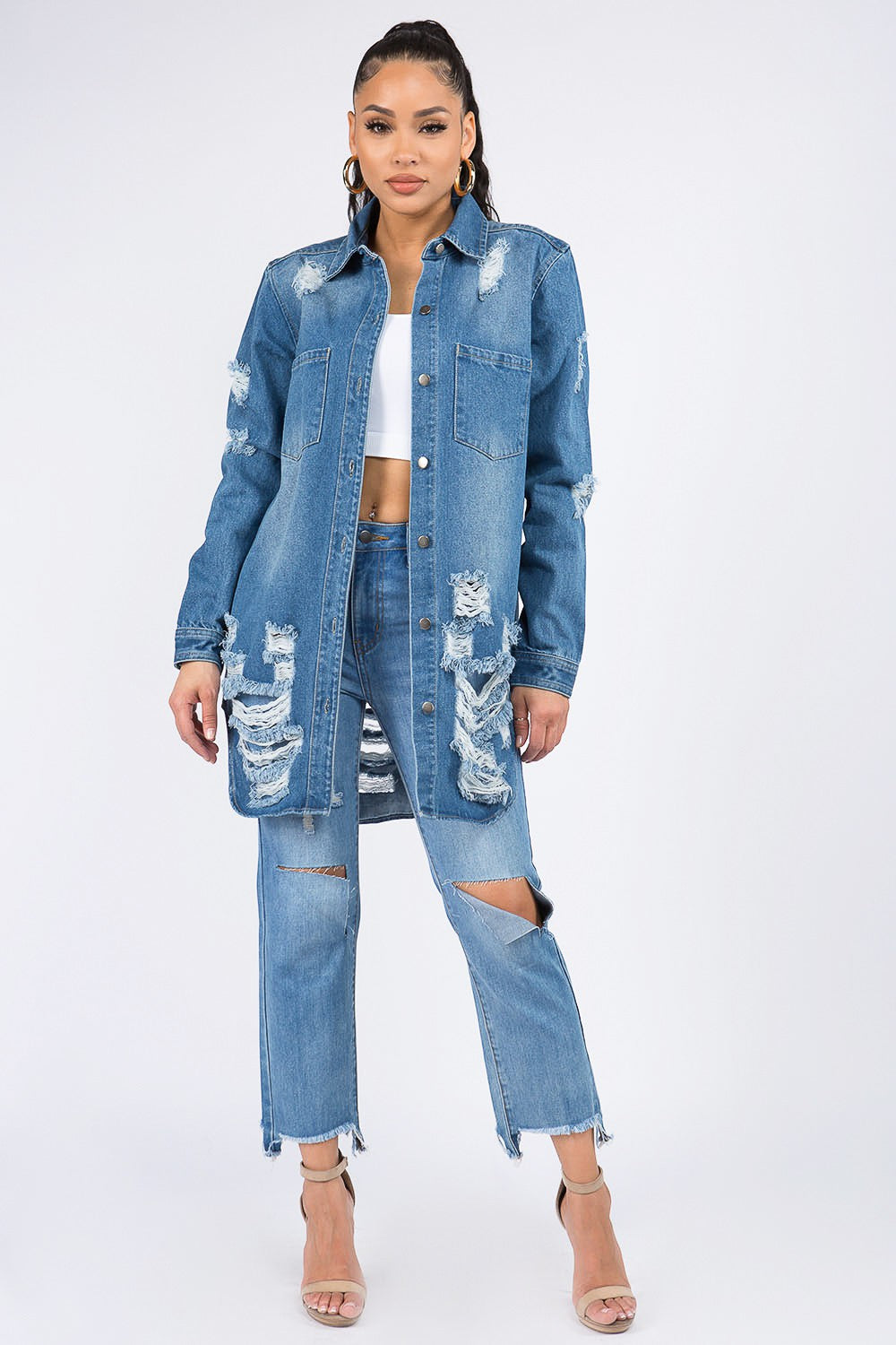 American Bazi Distressed Button Down Denim Shirt Jacket-Zamales